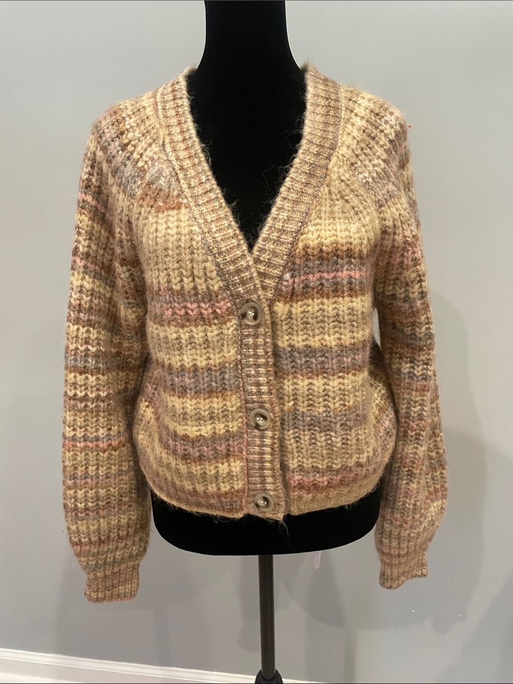 Jessica Simpson Cream, Pink & Tan Striped Button Front Cardigan
